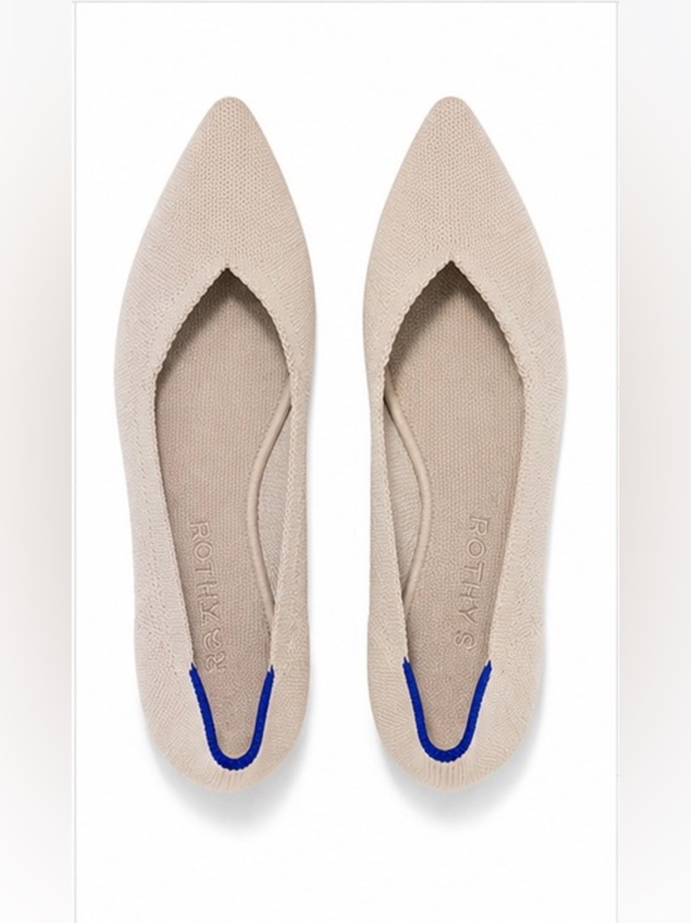 Rothy's Beige Knit Pointed Toe Flats with Blue Heel Trim
